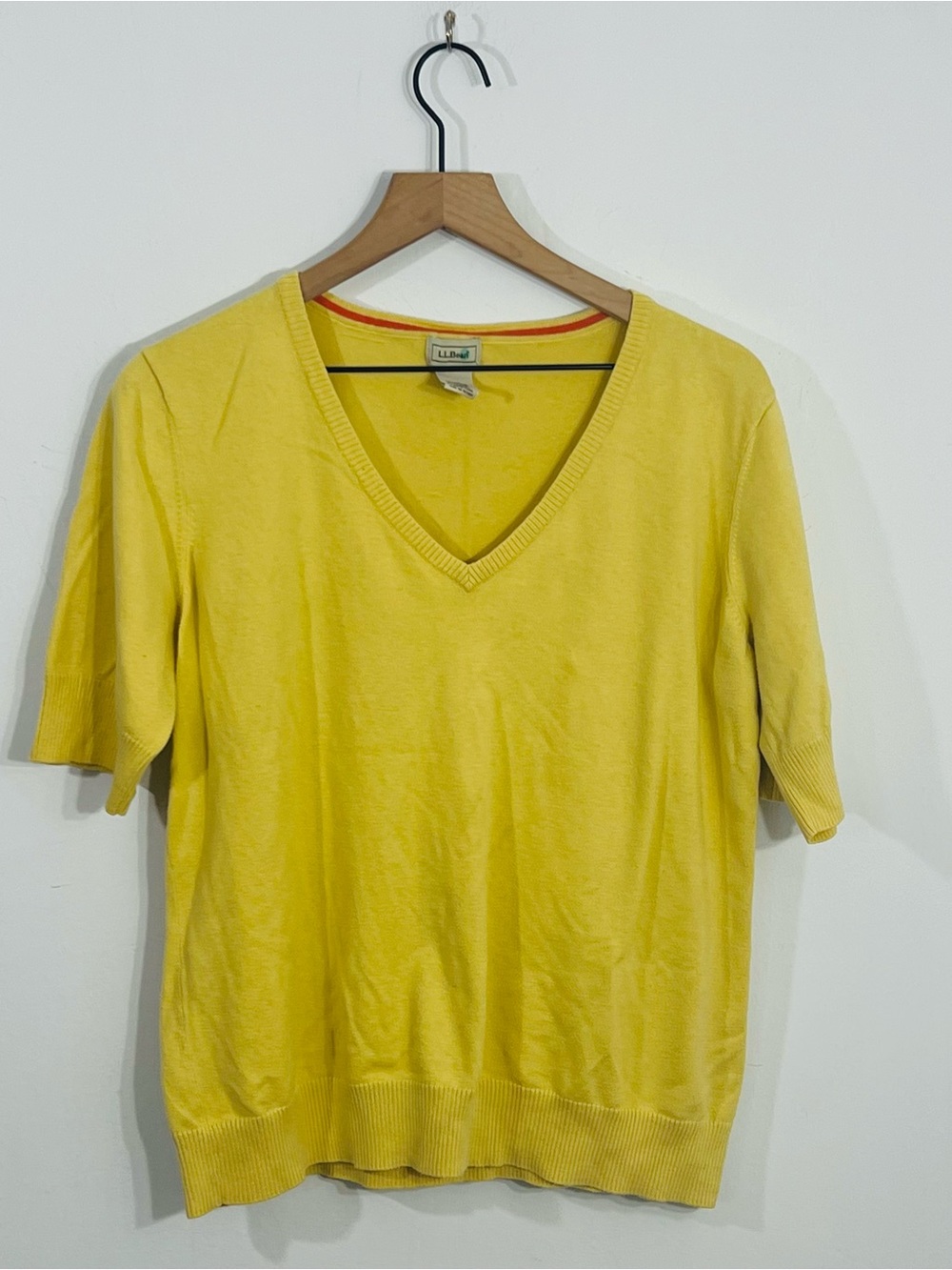 L.L.Bean Yellow Knit V-Neck Short Sleeve Pullover Sweater Top Solid Size XL
